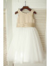 Beaded Neck Champagne Satin Ivory Tulle Wedding Flower Girl Dress